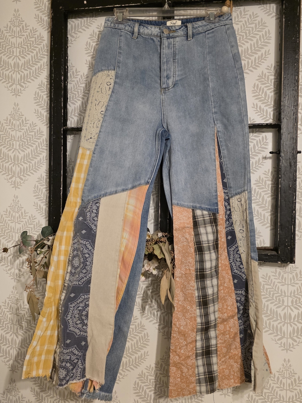easel Patchwork Wide-Leg Jeans in Light Blue with Multi Panels